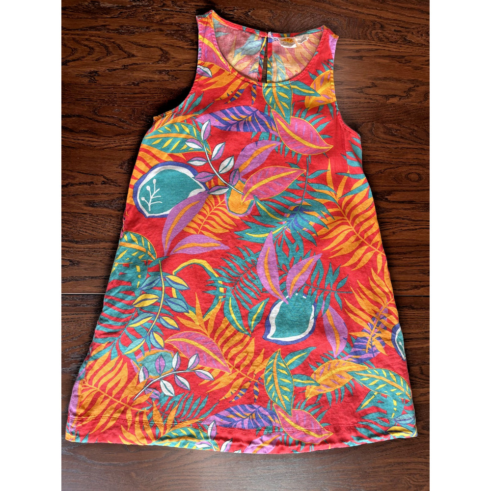 Tropical Plant Print 100% Linen Shift Dress Vacation Resort Beach Pool XS